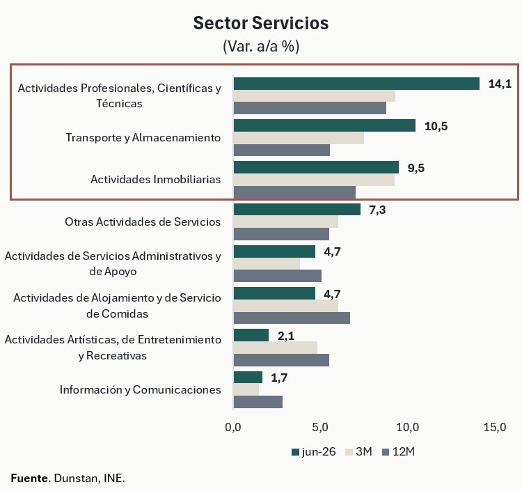 Sector Servicios, variación anual por actividad. Lideran Actividades Profesionales (14,1%), Transporte y Almacenamiento (10,5%) y Actividades Inmobiliarias (9,5%).